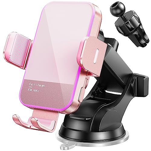Wireless Car Charger,【7 Colored LED Backlit】 15W Auto Clamping Car Charger Phone Mount Holder fit for iPhone 14 13 12 Mini Pro Max 11 XR XS, Samsung Galaxy S23 Ultra S22 S21+ S10+ Note 20, etc - Pink