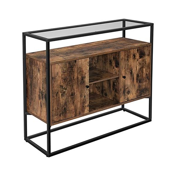 VASAGLE Sideboard, Side Cabinet, Storage Cabinet with Glass Surface and Open Compartments, Living Room, Hallway, Steel Frame, Tempered Glass, Industrial, Rustic Brown and Black LSC014B01