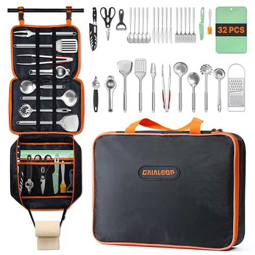 GAIALOOP Camping Cooking Utensils Set 32 PCS Camp Kitchen Cookware Kit with Organizer Bag, Portable RV Camping Essentials Camper Must Haves for Cookouts Open Fire Pit