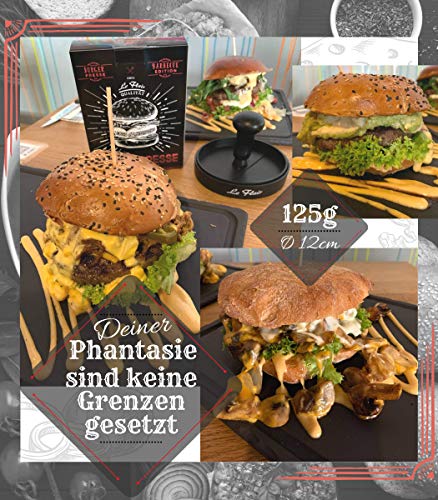 Le Flair® Alu Burgerpresse aus hochwertigem Aluminium - Hamburgerpresse mit Aufbewahrungstasche - Burger Patty Presse inkl. 50 Blatt Backpapier - Perfektes Grillzubehör Geschenk für Männer schwarz 4