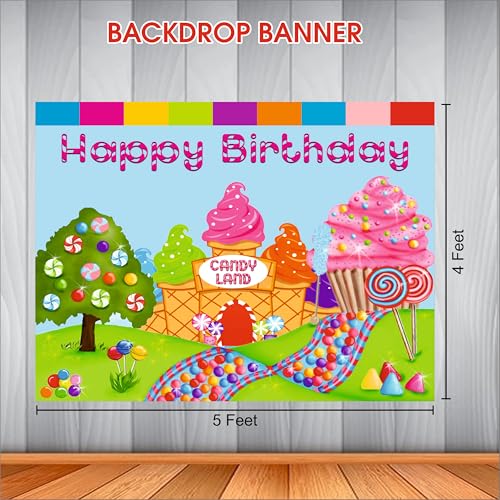 Image of Candy Land Theme Backdrop | Backdrop for Birthday Decoration | Happy Birthday Banner for Kids (Pack of 1, Multicolor, Size: 5x4 Feet)
