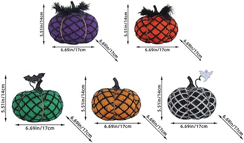 Miniatura 7 de Calabazas artificiales de Halloween, tela de algodón, calabazas de punto, color naranja y morado, centro de mesa de otoño para granja, cosecha de