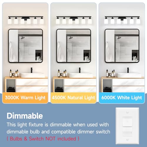 Image of 6 Light Bathroom Vanity Light, Modern Matte Black Bathroom Light Fixtures with Square Frosted Glass, Wall Sconces fixtures Over Mirror Restroom,Living Room Hallway E26