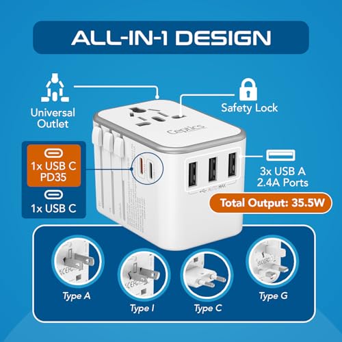 Image of Ceptics 6 in 1 Universal Charger Adapter with 35W Type C, 3-USB-A, PD /QC 3.0, Worldwide Travel Adapter, Fast Charging, 3.1A Max, FCC CE RoHS Certified