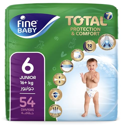 Fine Baby Total 7 Diapers Size 6 Junior (16+ kg) 54 Count. Superior Protection and Comfort Extra Absorbent Improved Formula