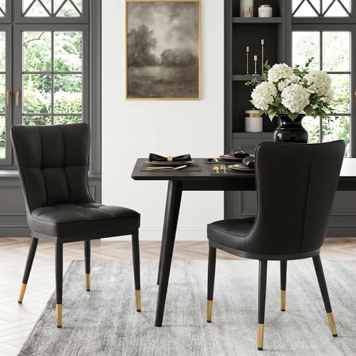 Bekrvio Moderne Esszimmerstühle 2er Set, Bis 200 kg Belastbar, 8 cm Dick Gepolsterte Küchenstühle aus Kunstleder, Polsterstühle mit Hoher Rückenlehne und Metallgestell für Küche Wohnzimmer, Schwarz