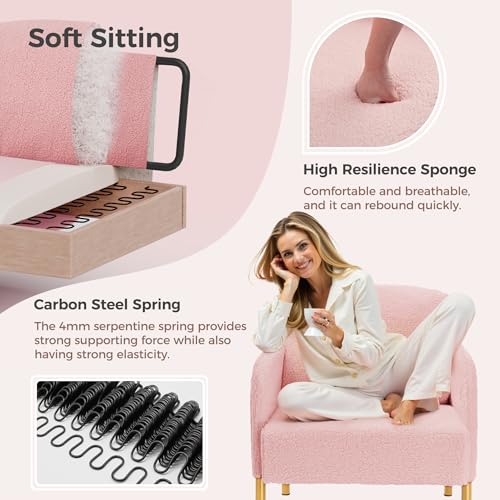 Mondeer Sessel, Einzel Loungesofa mit Seitentasche mit Metallbeinen Gemütlicher Kunstlammfell Stoff Modern, für Wohnzimmer Schlafzimmer Arbeitszimmer, 63 x 75 x 75 cm, Rosa