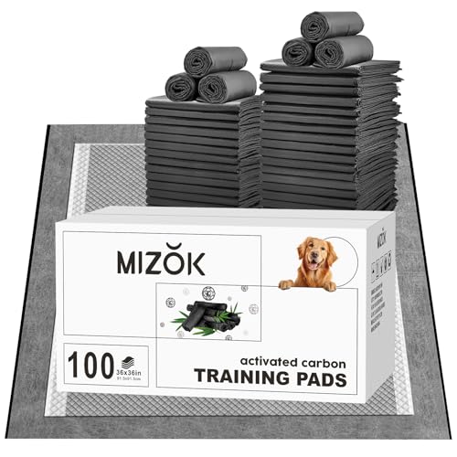 MIZOK Charcoal Dog Pee Pads Activated Carbon 36x36in Dog Pads Odor Control Up to 11 Cups of Liquid Super Absorption Pee Pads for Dogs Quick Dry & Leak-Proof Puppy Pads (100 Counts)