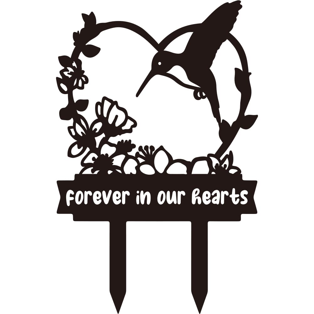 PRESSINART Bird Memorial Stake Forever in Our Hearts Stake Flowers Hummingbird Design Black Metal Cemetery Decorations Memorial Plaques for Loss of Mother Father Dear Ones Grave Yard Garden Ornament