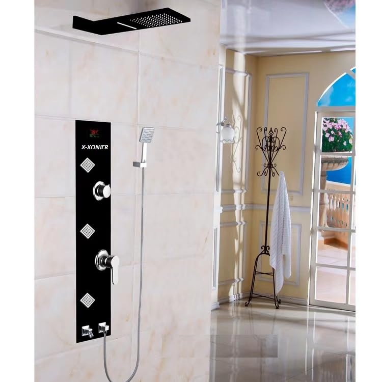 X-XONIER Stainless Steel 304 Grade Shower Panel 6 in 1 Modern Tower System With Rainfall and waterfall Shower Body Massage Spray SS Handheld Shower Temperature Display. (BLACK) (B0D73RVQ2C) Amazon Price History, Amazon Price Tracker