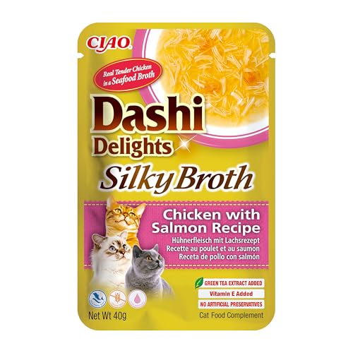 INABA Dashi Delights - Caldo Sedoso: Receta de Pollo con salmón (1 x 40 g), sin Granos, Rico en proteínas, Ingredientes Naturales, Delicioso y Saludable, Comida húmeda para Gatos