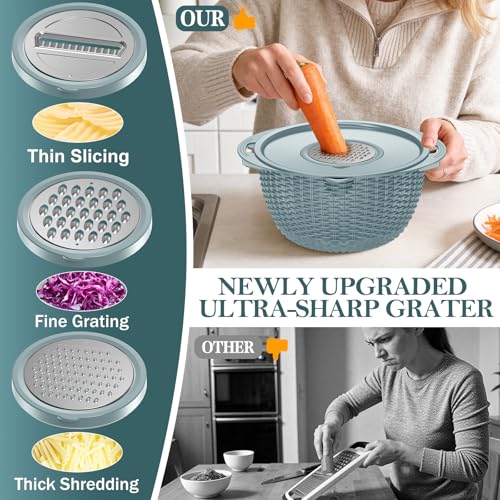 4-1 Colander with Bowl Set - Strainers for Kitchen(Patented), Food Strainers and Colanders, Pasta Strainer with New Upgraded Graters for Fruit, Veggie Washing, Aesthetic Cooking Present - Blue - Image 3