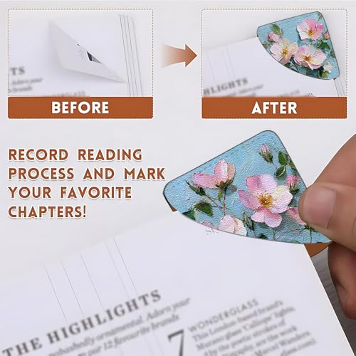 Image of 2Pcs Pink Floral Corner Bookmarks, Handmade PU Leather Page Corner Protectors, Oil Painting Art Stationery Gift for Women, Teachers, Mom, Spring Summer Reading Accessories 3.54 x 3.54