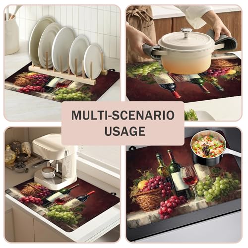 Image of Multi-Design Silicone Stove Cover for Glass /Electric Stoves - 3-in-1 Heat-Resistant Protector Mat, Non-Slip Drying Rack (Grapes Wine Bottle, 28 inch L x 20 inch W)