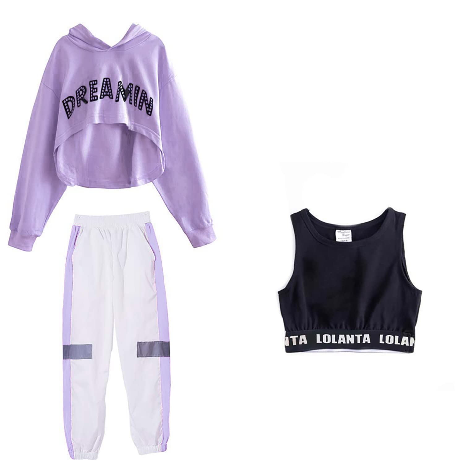 LOLANTA Completi hip hop per bambini in 3 pezzi, tuta da ragazza, felpa con cappuccio, canotta, pantaloni jogger