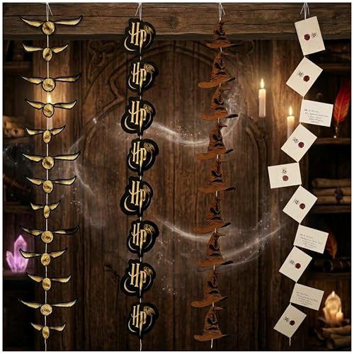 Harry Potter Grinaldas decorativas festa de aniversário, conjunto de 4 cordas Hogwarts ornamentos com envelopes logótipo HP Snitch dourado chapéu selecionador (Multi Banners, 40 peças)