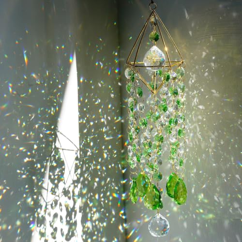 HDCRYSTALGIFTS Crystal Suncatcher Glass Wind Chimes Style Sun Catchers Indoor Window Rainbow Prisms Suncatcher for Window Hanging Whimsical Home Garden Decor (21.5inch Green)
