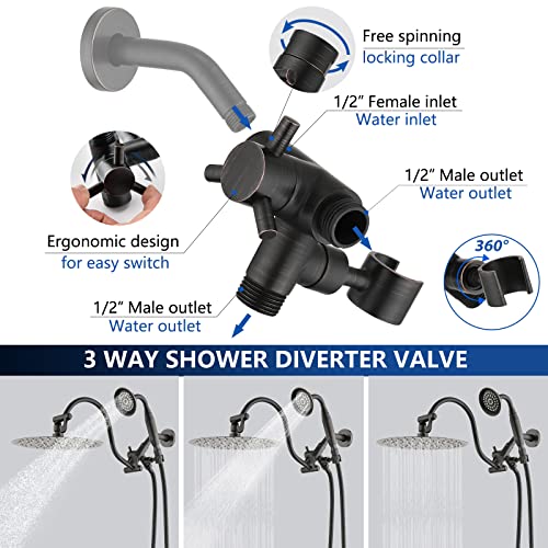 Pdpbath All Metal 12'' Rainfall Shower Head With 16'' Upgrade Adjustable Extension Arm, Shower Head With Handheld Combo High Pressure, 70" Extra Long Shower Hose, 3-Way Diverter, Oil Rubbed Bronze #TOP2