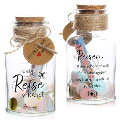 BOFUNX Reisekasse Geschenk Dekoflasche mit Korken und Aufkleber Konfetti Streudeko Wunscherfüller Reisegutschein Verpackung Geschenk für Reise Urlaub Geburtstag Jugendweihe Hochzeit Weihnachten