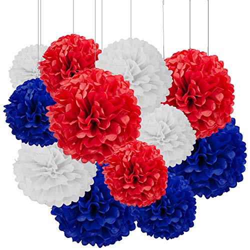 Image of Aimto 12pcs Red,White and Blue Paper Pom Poms Decorations for Party Ceiling Wall Hanging Tissue Flowers Decorations - 3 Colors of 12 Inch, 10 Inch