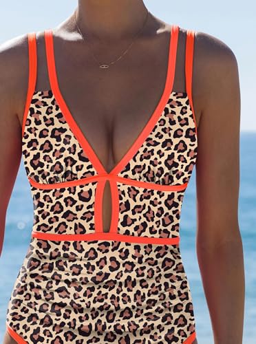 Image of popvil Women One Piece Swimsuit 2026 Tummy Control Sexy Cutout Neon Color Block Bathing Suit Slimming Adjustable Swimwear