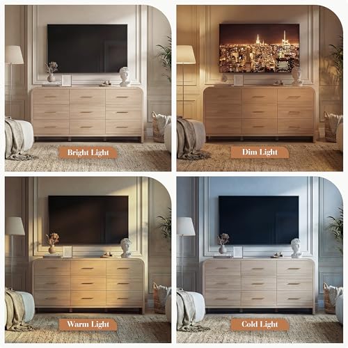 Image of Curved 9-Drawer Dresser for Bedroom, 63 inch Wide Modern Chest of Drawers, Vanity Desk TV Stand for Living Room, Closet Storage Drawers Organizer Furniture, Nursery, Hallway, Gray Oak