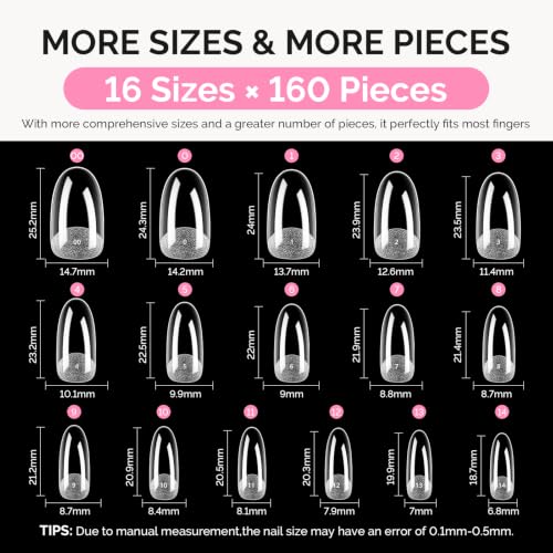 Image of MelodySusie Medium Oval Round X Nail Tips - 16 Sizes 160 Pcs | Pre-Shaped Soft Gel,Half Matte Full Cover Clear Acrylic Press on Nails for DIY Extension&Salon,Long-Lasting Manicure