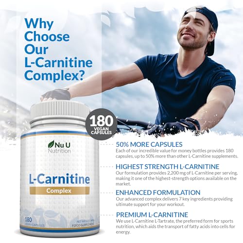 L-Carnitine Complex 2200mg - 180 High Strength Vegan Capsules - with Riboflavin, Biotin, Chromium, Vitamin D, B3 & B6 - L Carnitine Tartrate Supplement - Made in The UK - Nu U Nutrition - Image 3