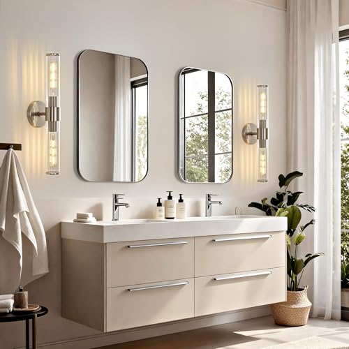 Image of Bathroom Vanity Light Fixtures, Nickel Wall Sconces in Threaded Glass, Modern Wall Light for Bathroom Living Room Bedroom, Hallway
