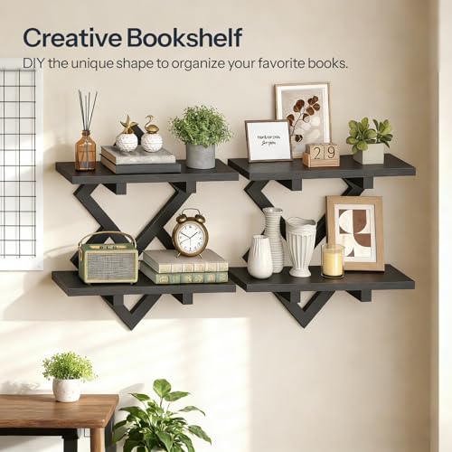 Image of HOOBRO 15 inch Floating Shelves for Wall, Set of 2 Wall Shelf, 2-Tier Hanging Shelves, Wall Mounted Storage Shelf, Display Rack, for Living Room Bedroom Kitchen Bathroom, Black BB14BJP201