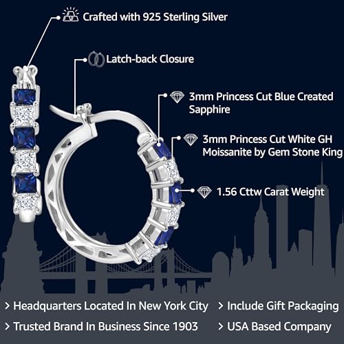 Gem Stone King 1.56 Cttw Blue Created Sapphire and White Moissanite Hoop Earrings for Women | 925 Sterling Silver | 3MM Princess Cut | 20MM | Fine Jewelry Gifts for Her Mom Women Wife2