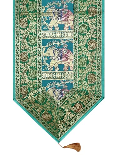 Image of Banarasi Brocade Zari Silk Table Runner Dinning & Centre Table Runner 177 by 30 CM (Green, Elephant)