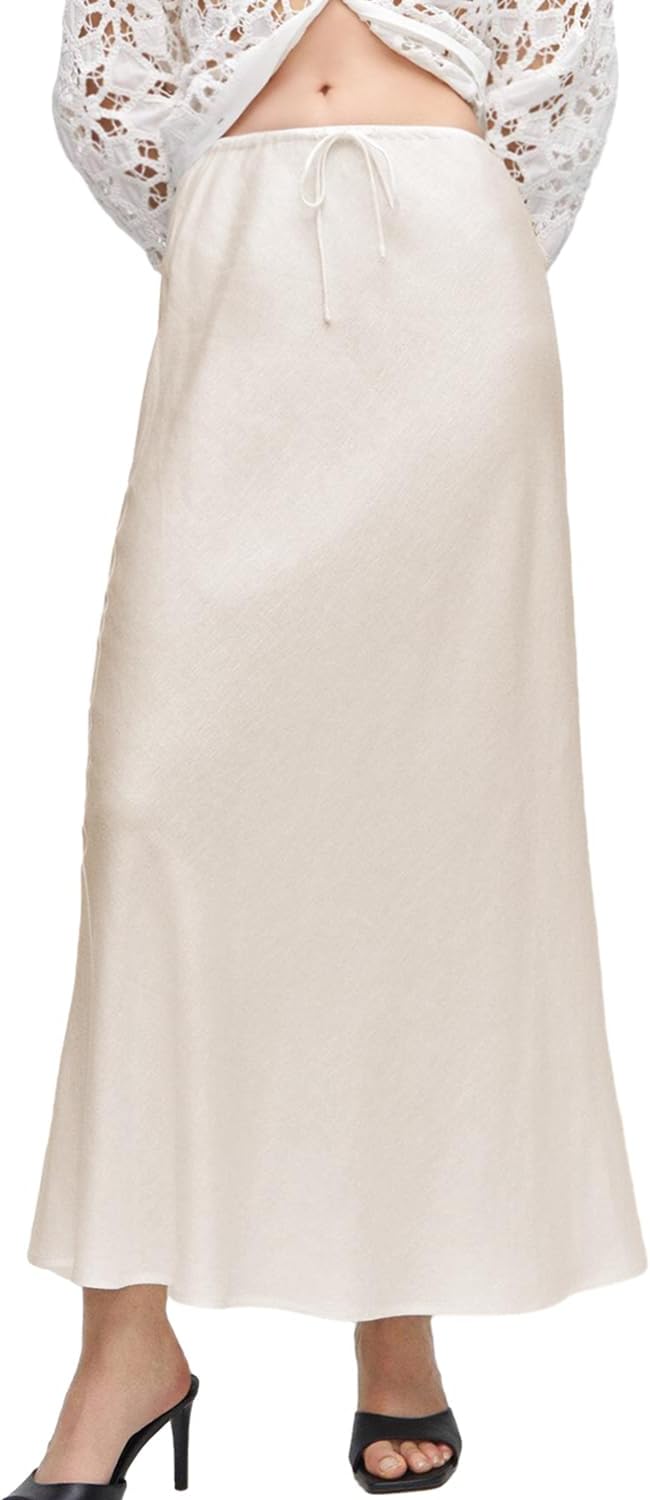 Women's Maxi Skirts Satin Drawstring High Waisted Silk Elegant Flowy Casual A-Line Long Skirt for Women - Image 2