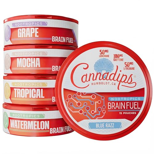 Cannadips - Brain Fuel Variety Pack - Nootropic Caffeine Pouches - 50mg Lion's Mane, 100mg Caffeine, 50mg L-Theanine, No Sugar - Clean Energy Brain Fuel for Cognitive Performance, Made in USA (5-PACK)
