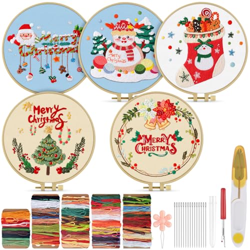 Image of TINDTOP Christmas Embroidery Kit for Adult, 5 Pack Embroidery DIY Starter Kit, with Stamped Patterns, Hoop, Tools, Colorful Threads with Needles, Instructions | 5 Pack with Stamped Patterns, Hoop, Tools, Colorful Threads with Needles, Instructions