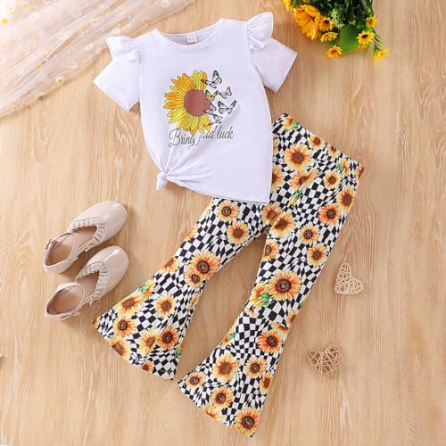 Image of Ayzozuy Kids Toddler Girl Clothes Letter Print Graphic Top + Leopard Print Flare Leg Pants 2PC Summer Clothing Set