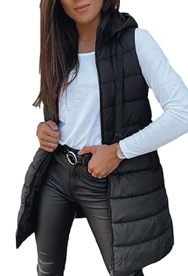 Veatzaer Women Long Vest Solid Color Sleeveless Hood Winter Puffer Vest Outwear