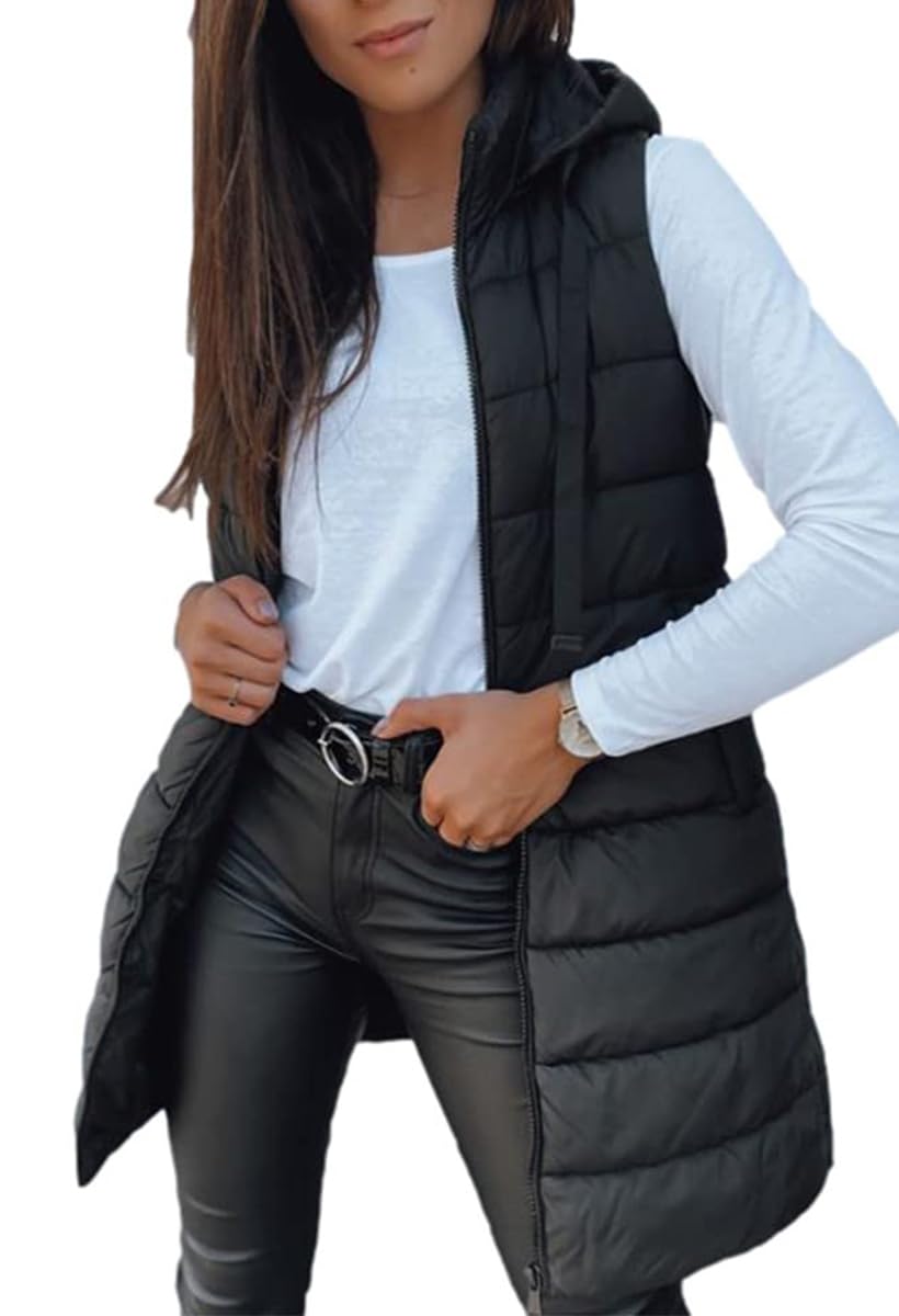 Veatzaer Women Long Vest Sleeveless Hood Winter Puffer Vest Outwear | Solid Color,Pocket,Lightweight,Casual Long Puffer Vests
