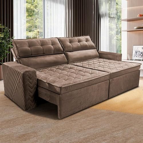 Cama inBox Sofá 4 Lugares Belém Retrátil e Reclinável em Suede Velusoft, Castor, 230cm Largura, 97cm Altura, Estrutura Eucalipto