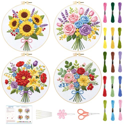 Image of BEUNITONE 4pcs Embroidery Kit, Flower Stamped Embroidery Kits with Hoop, Thread & Needles, Colorful Bouquet Cross Stitch Kits Sewing Gifts for Adults and Beginners, DIY Craft for Relaxation