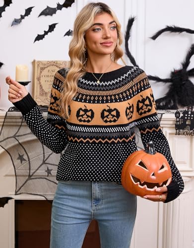 Image of Women's Fair Isle Sweaters Long Sleeve Crew Neck Loose Casual Halloween Pullover Sweater Black Small
