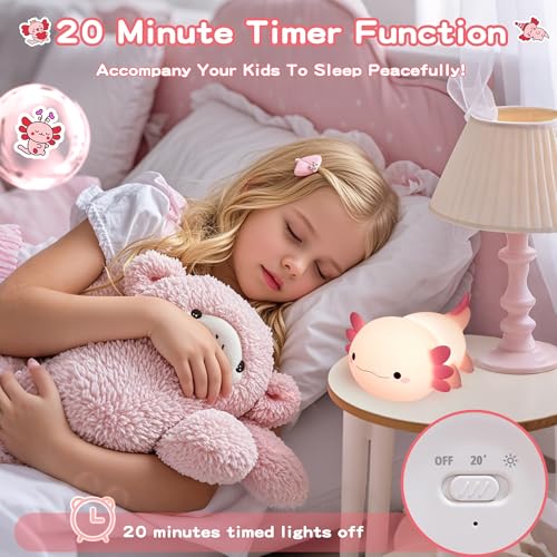 Image of FAMIDUO Pink Axolotl Lamp, Food-Grade Silicone Squishy Night Light for Kids | 2-Level Touch Dimmable ,20-Min Auto-off Timer, Rechargeable Anti-Blue Warm Glow Nursery Bedside Decor, Cute Gifts for Girls