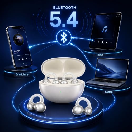 Image of Air Clip Wireless Earbuds Bluetooth 5.4 TWS, Open-Ear Clip Design, 32H Playtime, HD Calling, Low Latency Gaming Mode, Touch Controls, Type-C Fast Charging, Ergonomic Fit - White