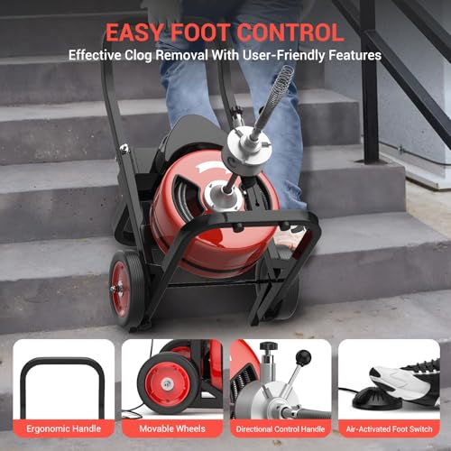 75Ft 1/2 Inch Cable Drain Cleaning Machine, 450W Auto Feed Portable Electric Sewer Snake, Electric Drain Auger with 6 Cutter Air-Activated Foot Switch for 2" to 4" Pipes