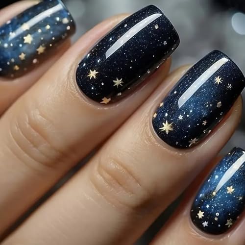 Press on Nails Medium Square OFDNE Dark Blue Fake Nails False Nails with Designs Gold Stars Starry Sky Full Cover Glossy Glue on Nails Acrylic Nails for Women Girls 24 Pcs