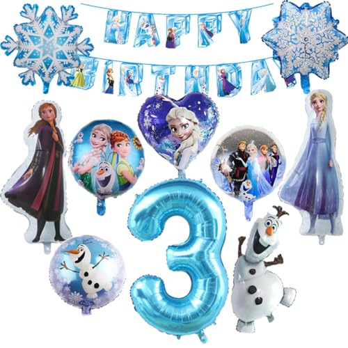 3 ans Ensemble de décoration d'anniversaire sur le thème bleu pour une fille, 11 pièces de ballons pour l'anniversaire d'enfants, Flocon de neige, Ballons de personnages de dessins animés, Bannière