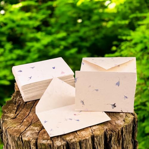 Image of Kathmandu Valley Co. 50 Vintage 4x6 Handmade Lokta Paper Nepali Cherish Greeting Cards & Matching Decorative Flower Petal Envelopes. Folded blank cards. Handmade In Nepal. (Cornflower)