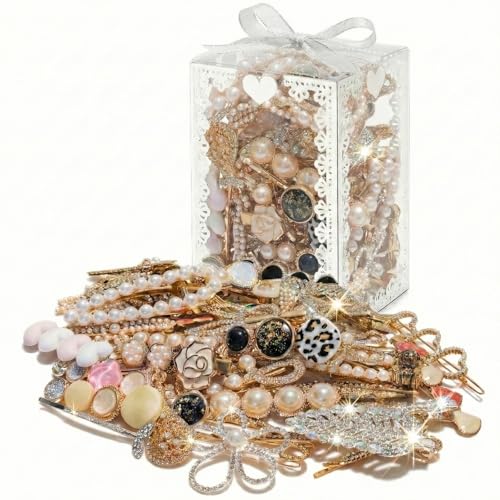 Mystery Jewelry Jar 50Pcs - No Duplicates Hair Clips for Women & Girls, Luxury Assorted Hair Accessories Gift Box with Faux Pearl, Resin, Rhinestone & Gold-Tone Metal Barrettes (50, Classic Style)