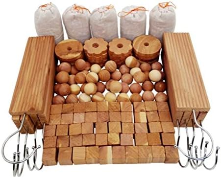 Wahdawn 130 Pieces Aromatic Cedar Moth Repellent Clothes Protection Closet Air Freshener - Cedar Hangups - Cedar Sachets - Cedar Moth Balls - Cedar Blocks - Cedar Rings