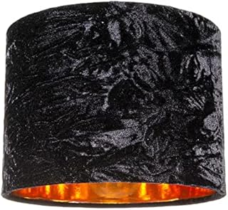 Modern and On-Trend Vivid Black Crushed Velvet Fabric 8" Table or Pendant Circular Drum Lampshade with Shiny Copper Inner - 40watt Maximum | Perfect for Residential or Commercial by Happy Homewares